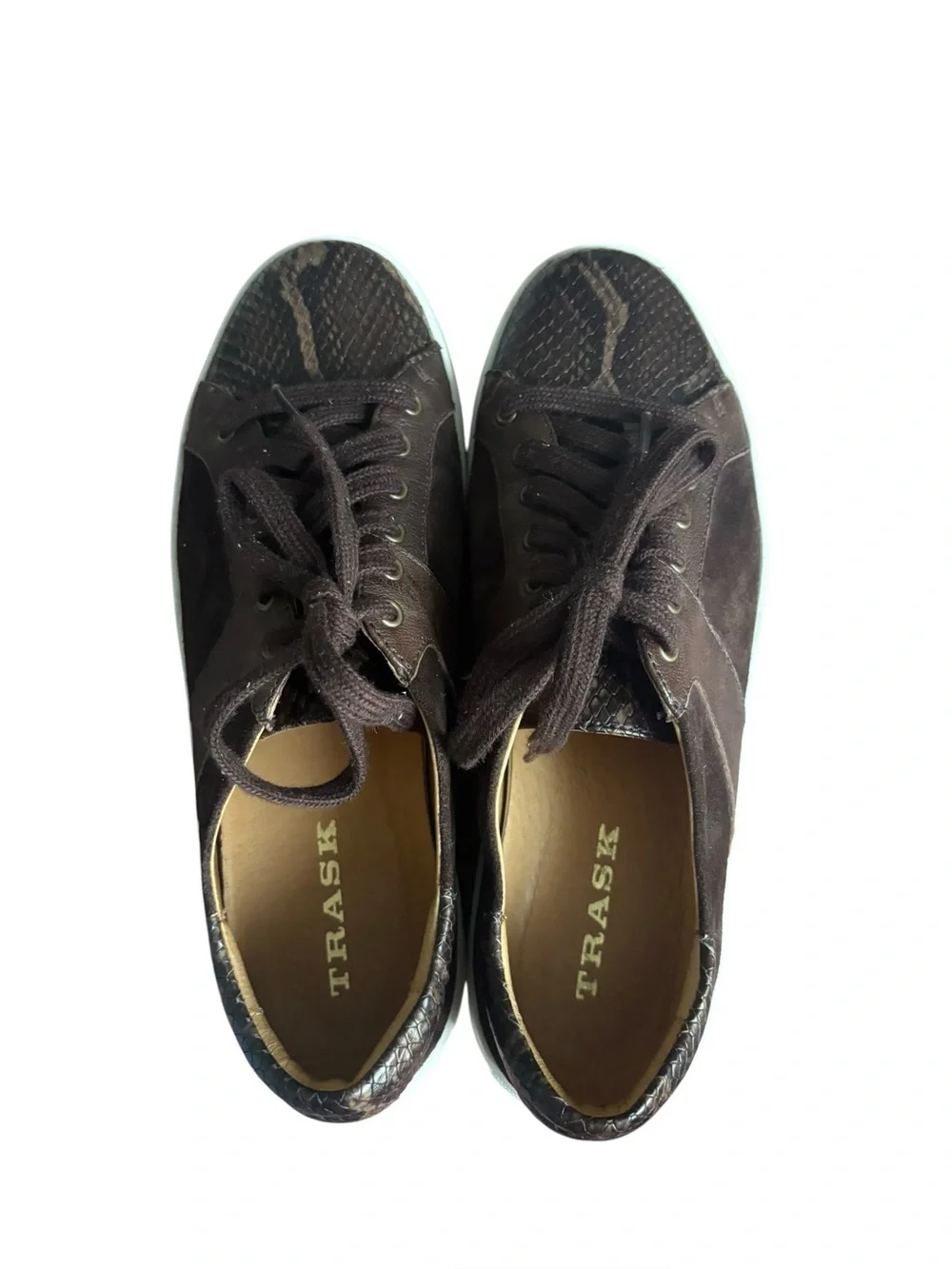 TRASK LINDSEY BROWN SNAKE-PRINT CALFSKIN/WASHED SHEEPSKIN/SUEDE size 7.5